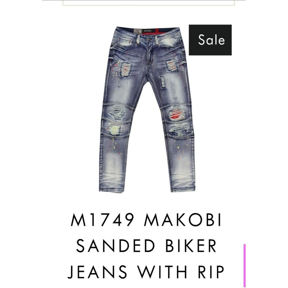 NEW WITH TAG MAKOBI M1749 SANDED BIKER RIP MENS DENIM JEANS DARK WASH 38in x 34